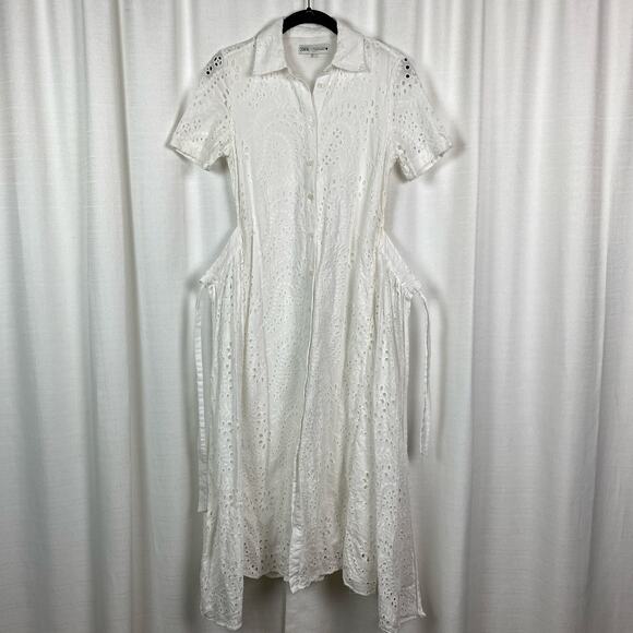 Zara Blogger Favorite White Eyelet Button Front Midi Shirt Dress Sz.S - Picture 7 of 13